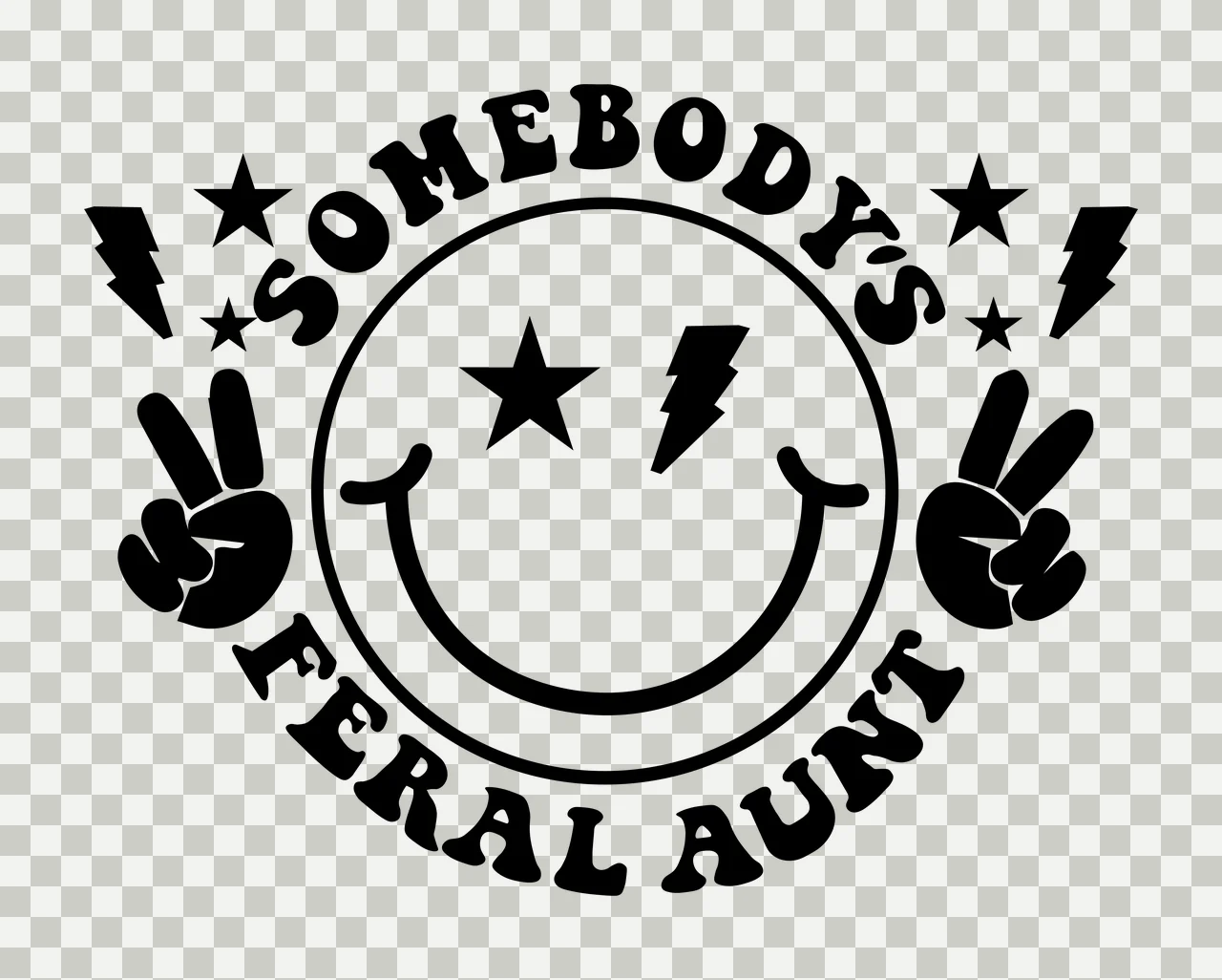 SOMEBODY'S FERAL AUNT smiley face emblem Design with star eye, lightning bolt eye, peace sign hands and stars in black and white transparency and detail preview thumbnail