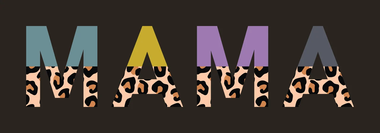 MAMA Typography Design with letters, leopard print pattern and color blocks in teal, mustard yellow and purple contrast preview thumbnail