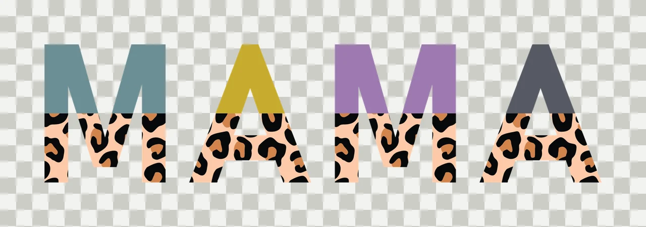 MAMA Typography Design with letters, leopard print pattern and color blocks in teal, mustard yellow and purple transparency and detail preview thumbnail