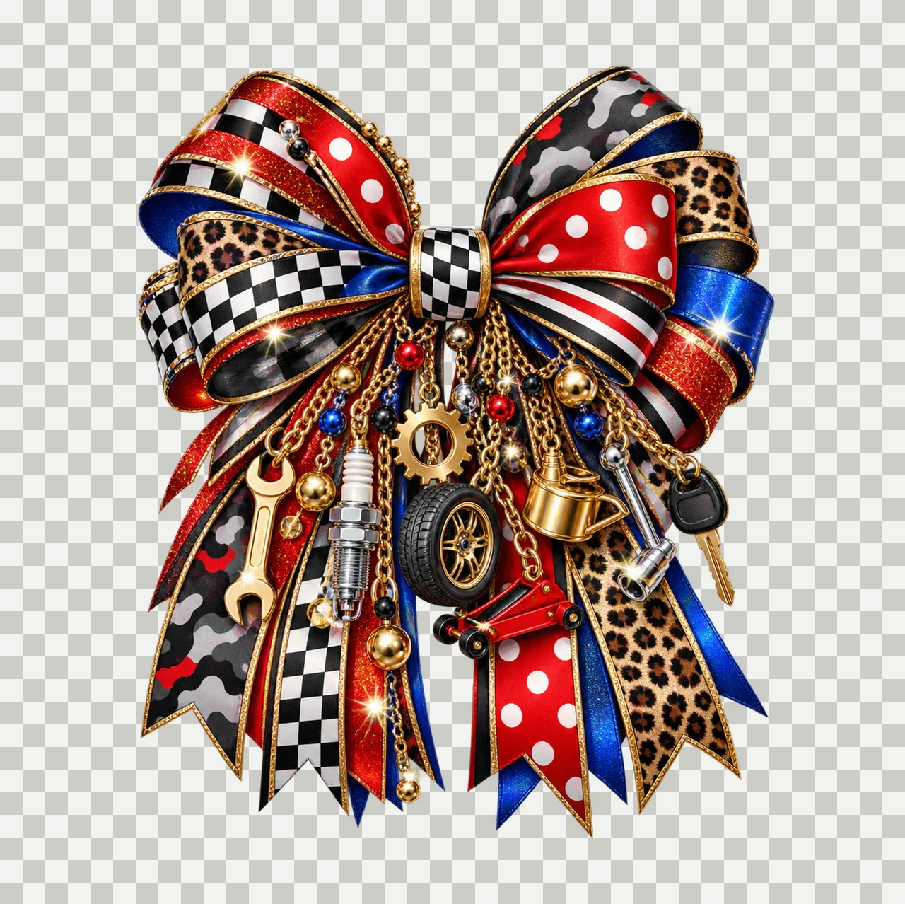 Auto Mechanic Bow Charm PNG, Themed Gold Chain Charms, Coquette Ribbon Sublimation Design, Transparent Digital Download transparency and detail preview thumbnail