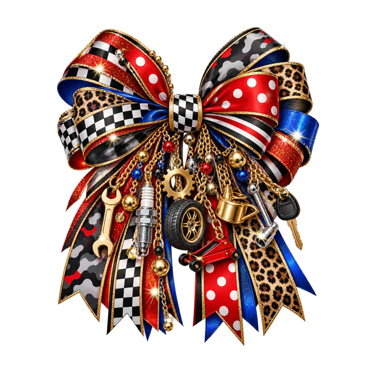 Auto Mechanic Bow Charm PNG, Themed Gold Chain Charms, Coquette Ribbon Sublimation Design, Transparent Digital Download