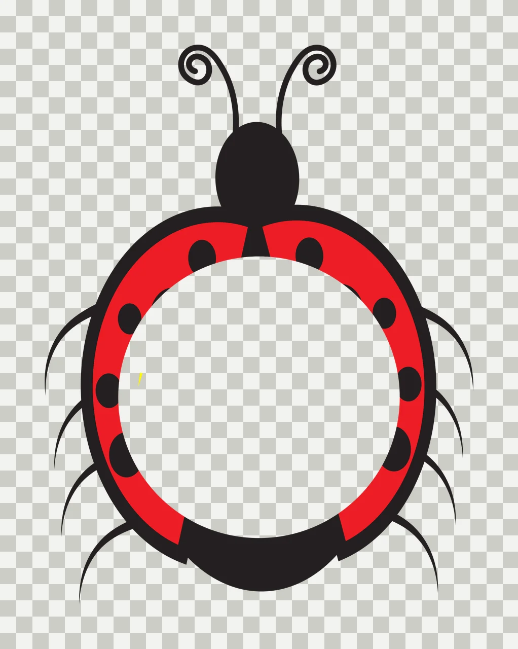 Ladybug frame with red ladybug shell, black spots, black head and two curly antennae in white transparency and detail preview thumbnail