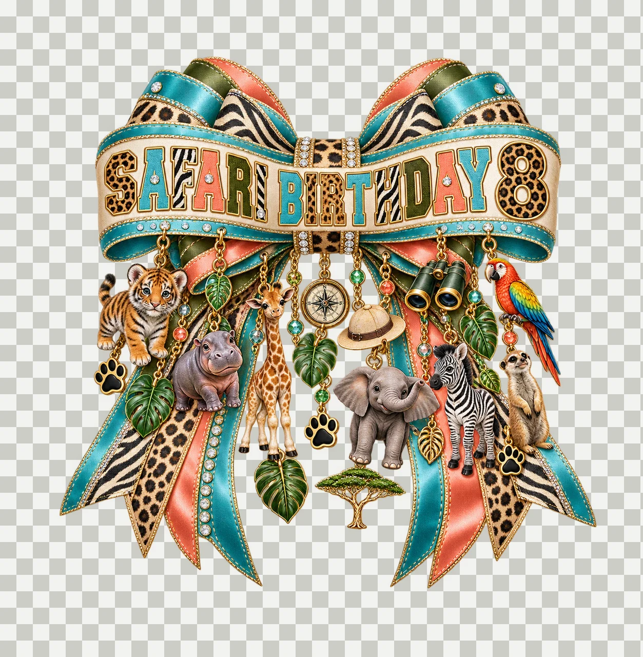 Safari Birthday 8 Bow Charm PNG, Jungle Animal Birthday Clipart, Transparent Sublimation Digital Download transparency and detail preview thumbnail