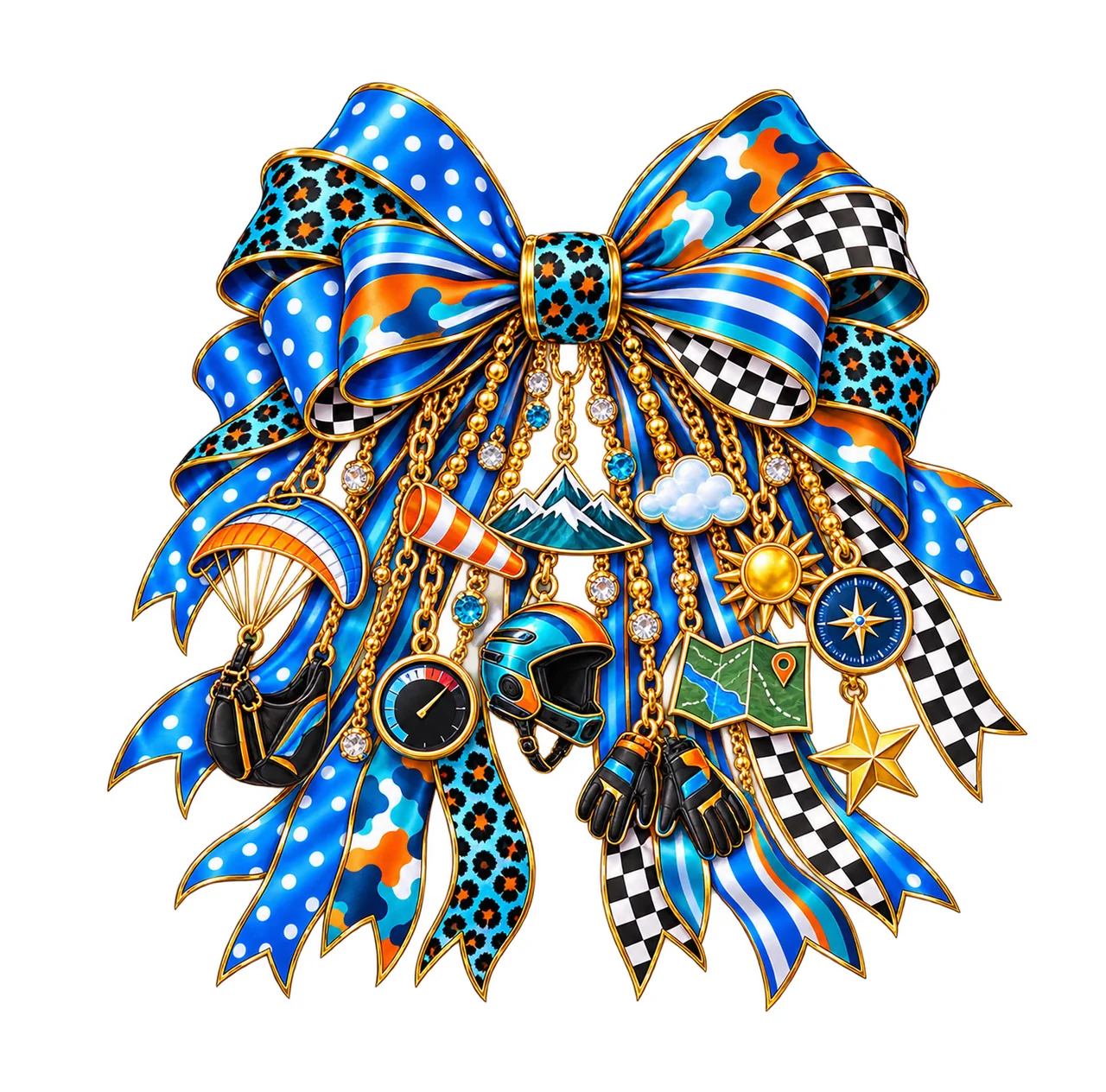 Paragliding Lover Bow Charm PNG, Gold Chain Charms, Transparent Sublimation Design, Digital Download