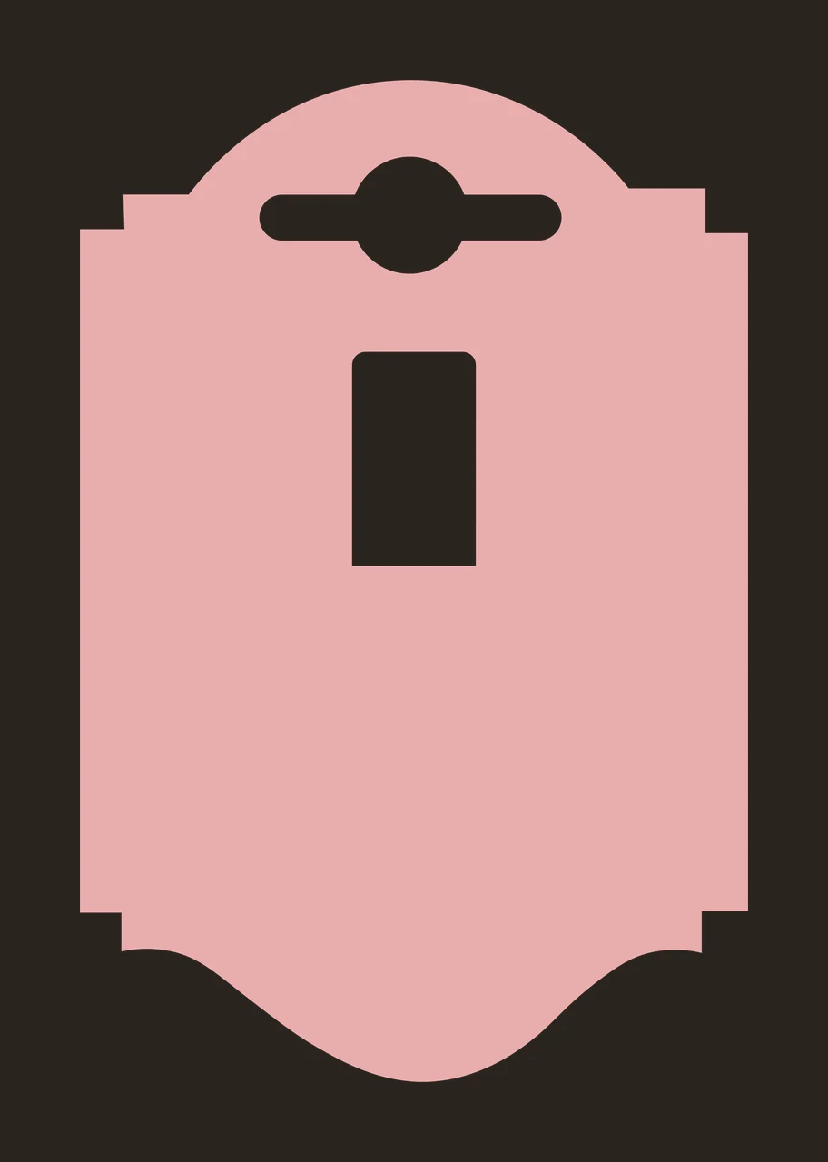 Retail hang tag with sombrero slot hole, rectangular window cutout, stepped side notches and arched top and bottom in light pink and white contrast preview thumbnail