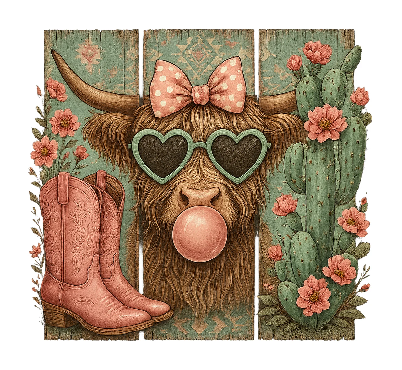 Western brush stroke valentine Highland cow retro valentine