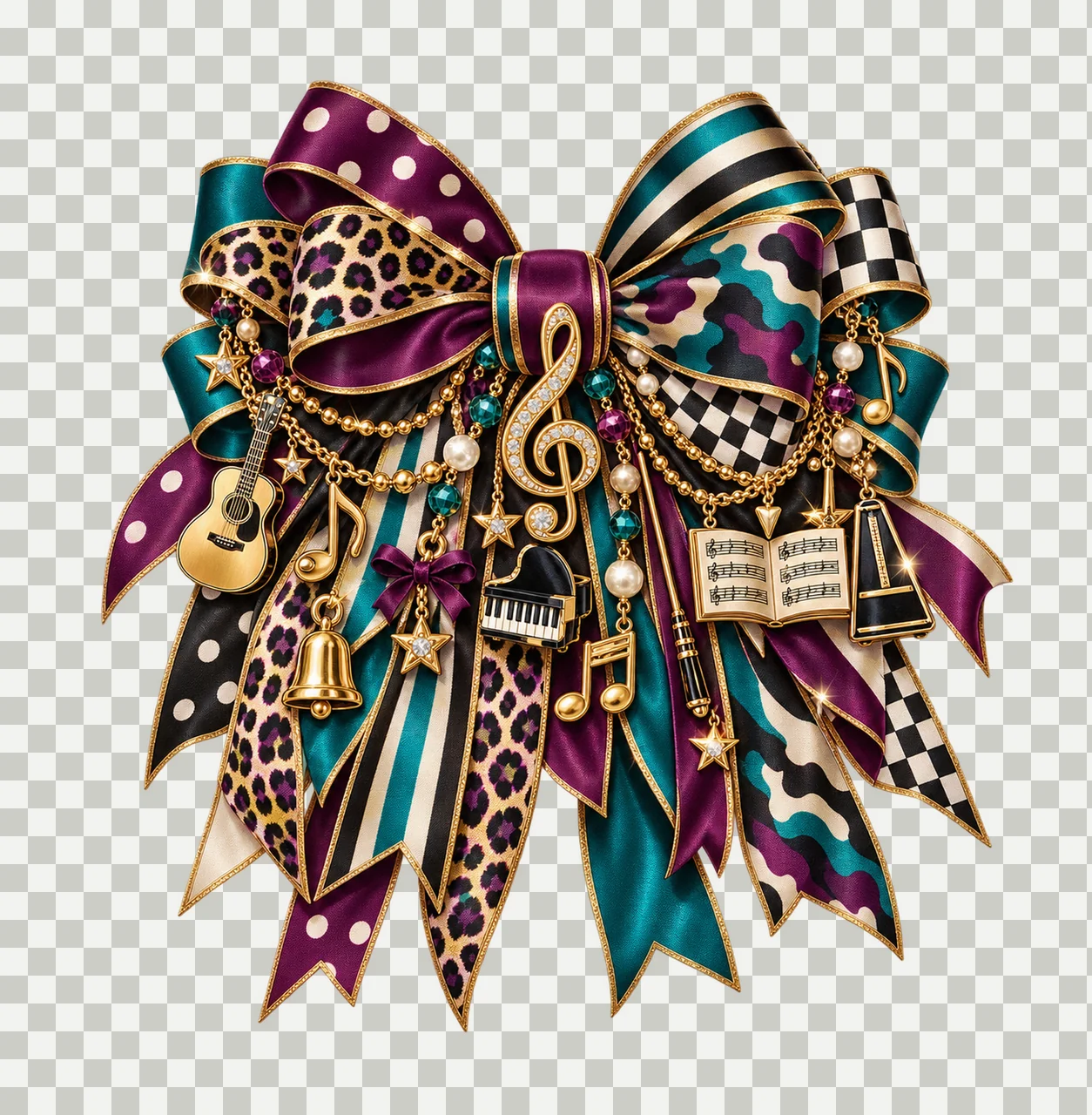 Music Teacher Bow Charm PNG, Themed Gold Chain Charms, Coquette Ribbon Sublimation Design, Transparent Digital Download transparency and detail preview thumbnail