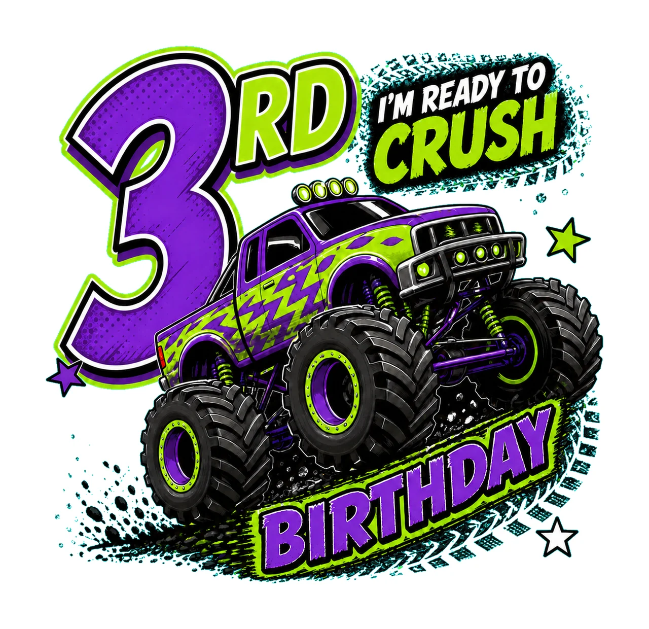 1 Monster Truck Birthday PNG, I'm Ready to Crush 3rd Birthday Sublimation Design, Purple Green Truck Boy Shirt Clipart Download PNG File