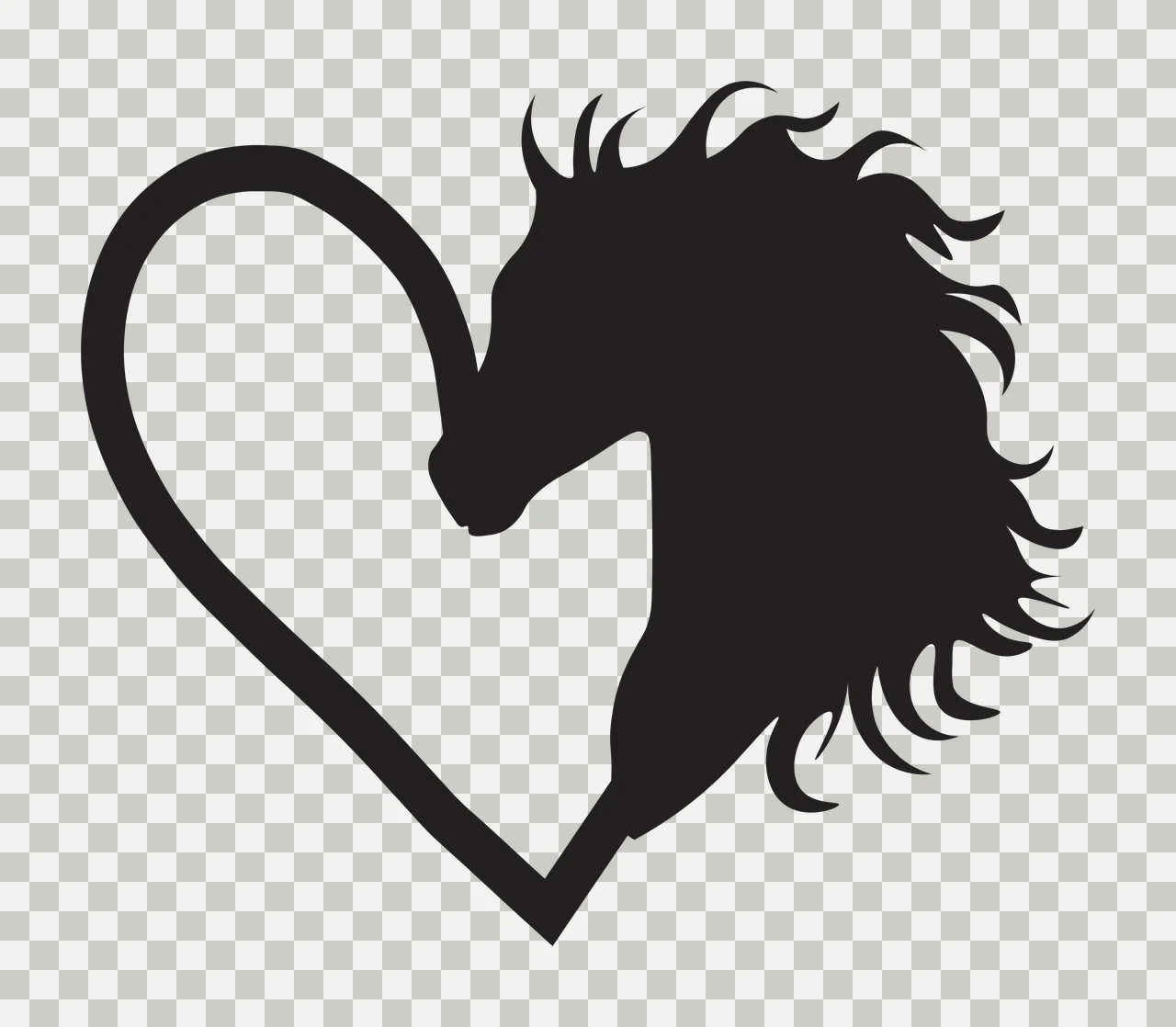 Keychain Heart Shape With Horse Silhouette head forming black transparency and detail preview thumbnail