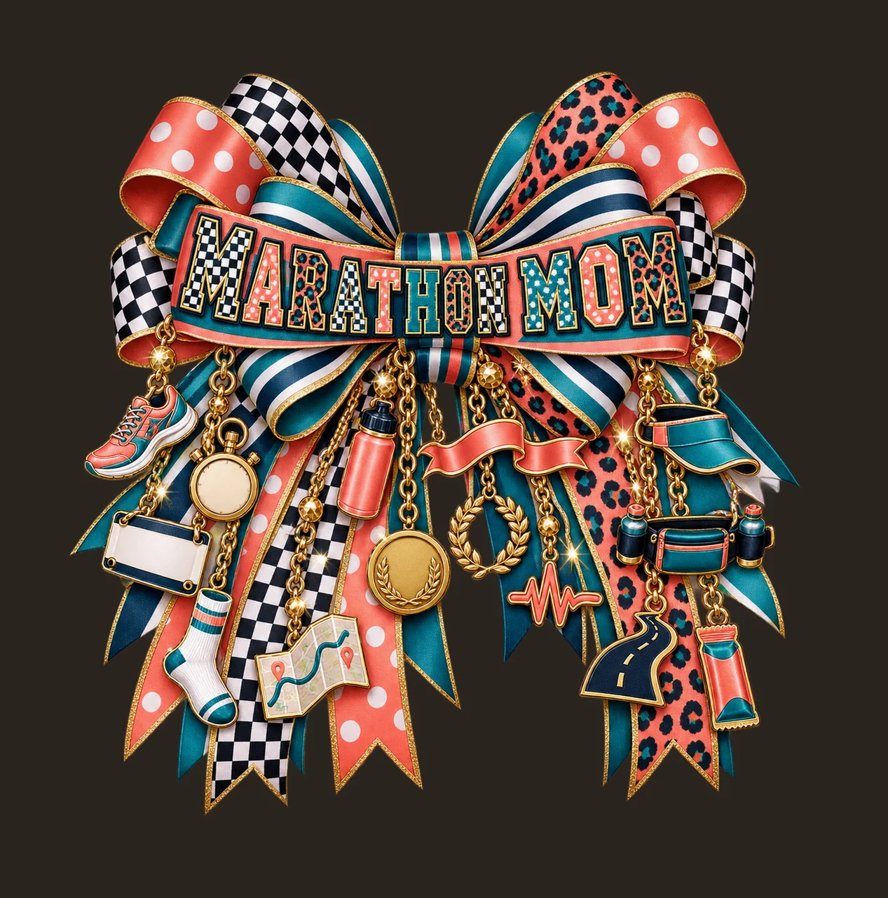 Marathon Mom Bow Charm PNG, Patterned Varsity Mom Ribbon Clipart, Transparent Sublimation Digital Download contrast preview thumbnail