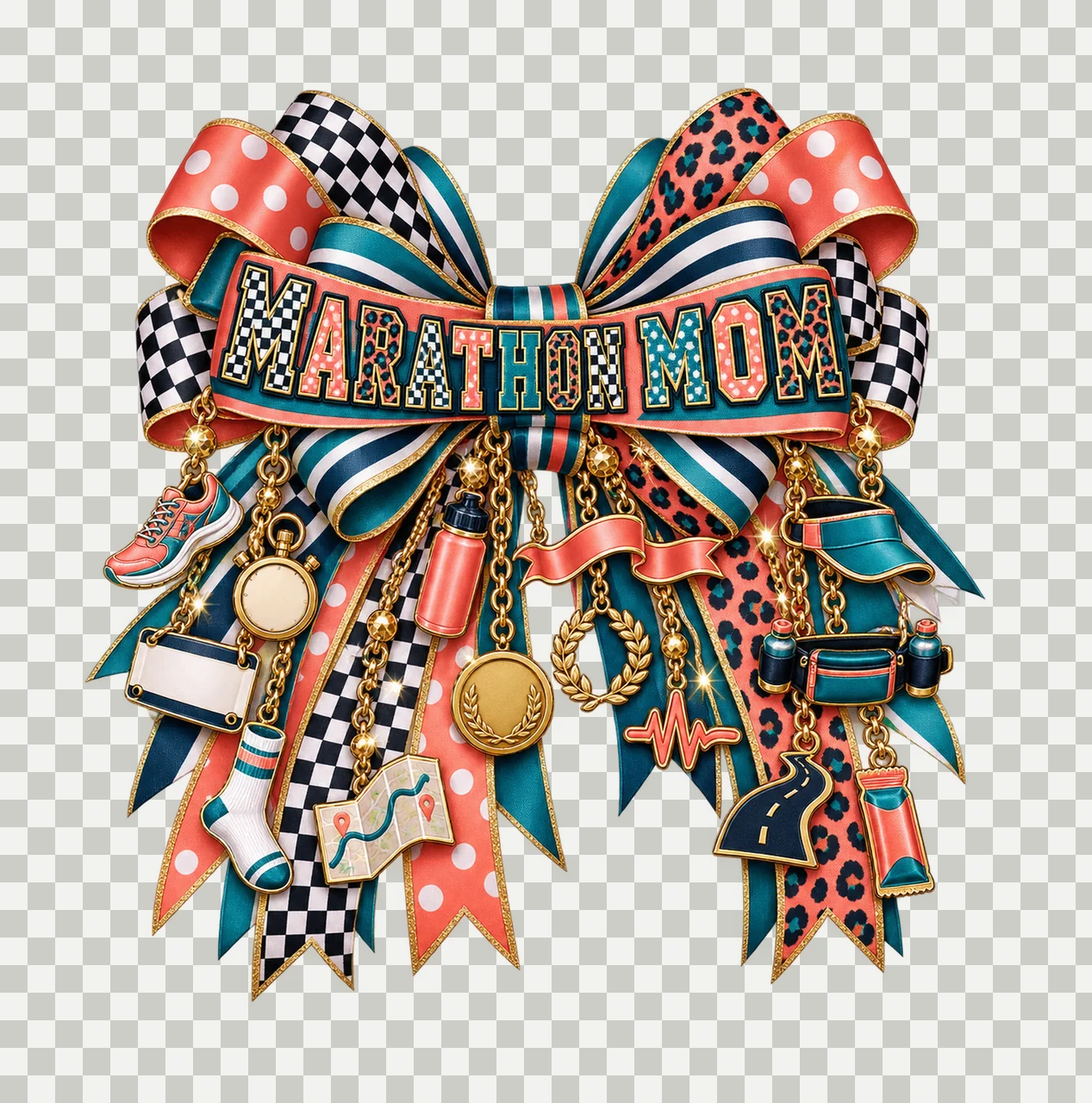 Marathon Mom Bow Charm PNG, Patterned Varsity Mom Ribbon Clipart, Transparent Sublimation Digital Download transparency and detail preview thumbnail