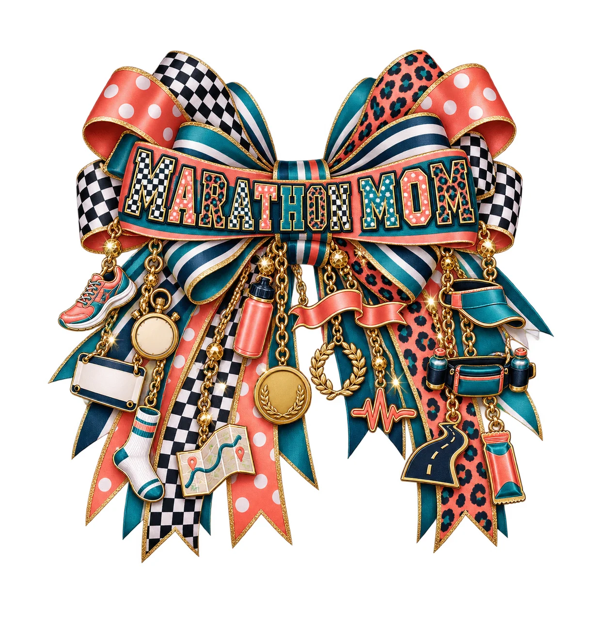 Marathon Mom Bow Charm PNG, Patterned Varsity Mom Ribbon Clipart, Transparent Sublimation Digital Download