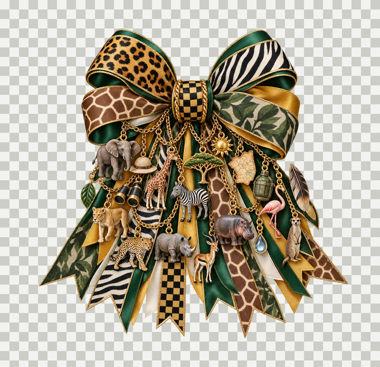 Realistic Safari Bow 3 Bow Charm PNG, Patterned Boutique Ribbon Clipart, Transparent Sublimation Digital Download transparency and detail preview thumbnail