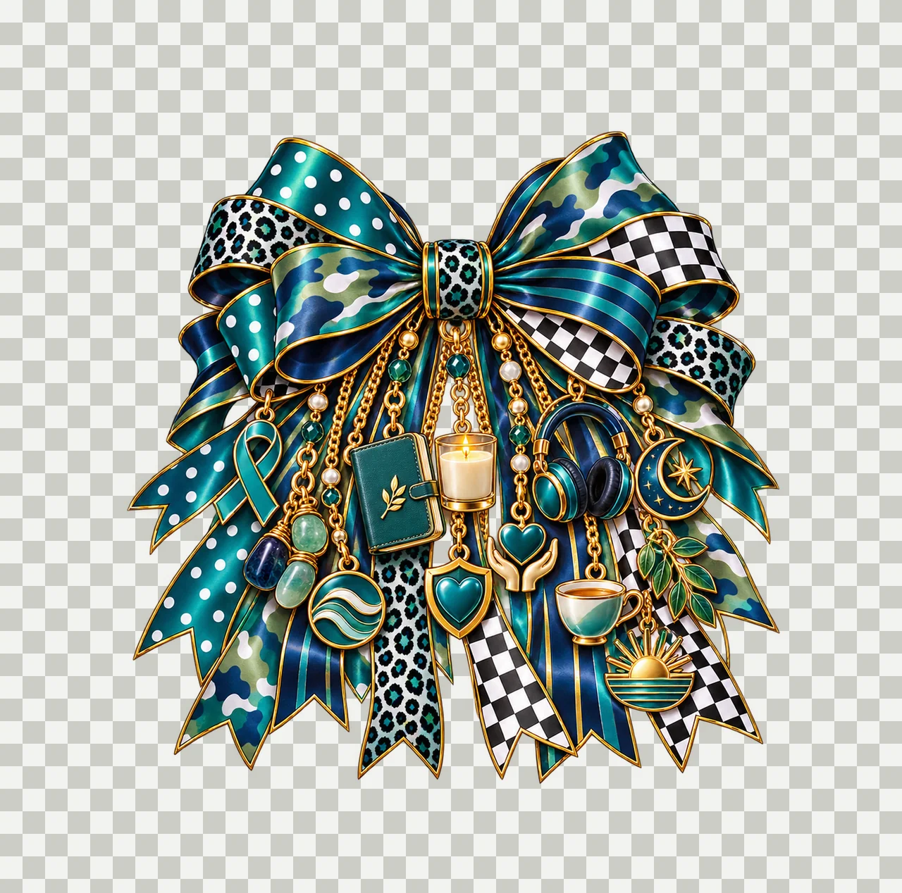 PTSD Awareness Bow Charm PNG, Gold Chain Charms, Transparent Sublimation Design, Digital Download transparency and detail preview thumbnail