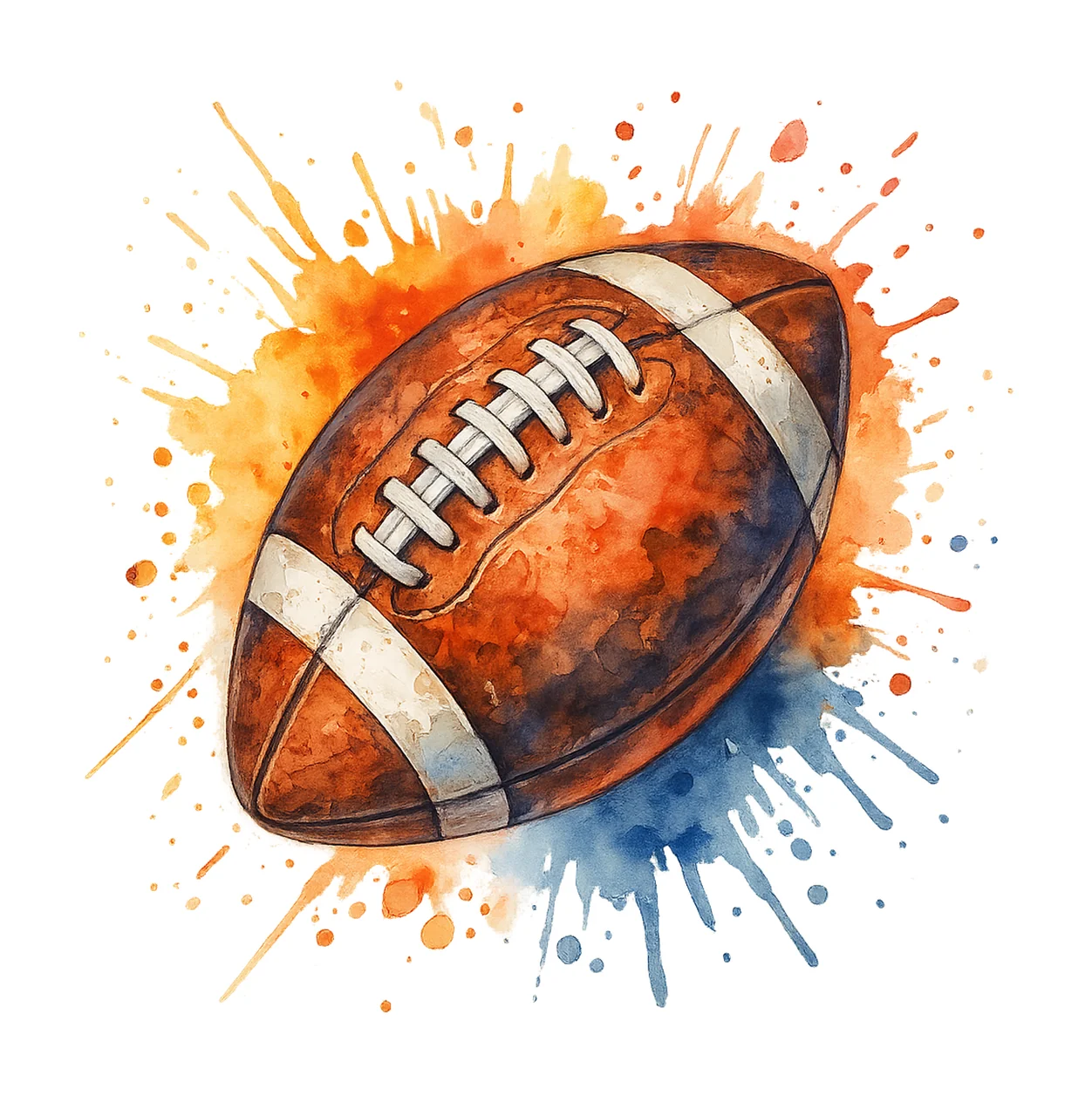 Football With Orange And Blue Watercolor Splatters sports