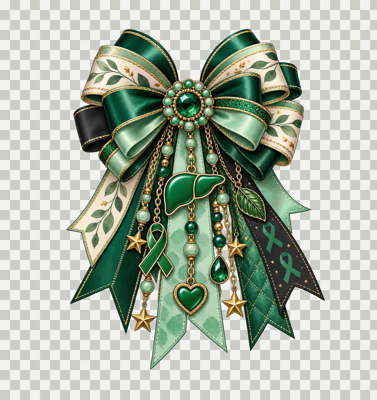 Liver Cancer Awareness PNG, Liver and Green Ribbon Coquette Bow, No Text Sublimation Clipart, Transparent Digital Download transparency and detail preview thumbnail