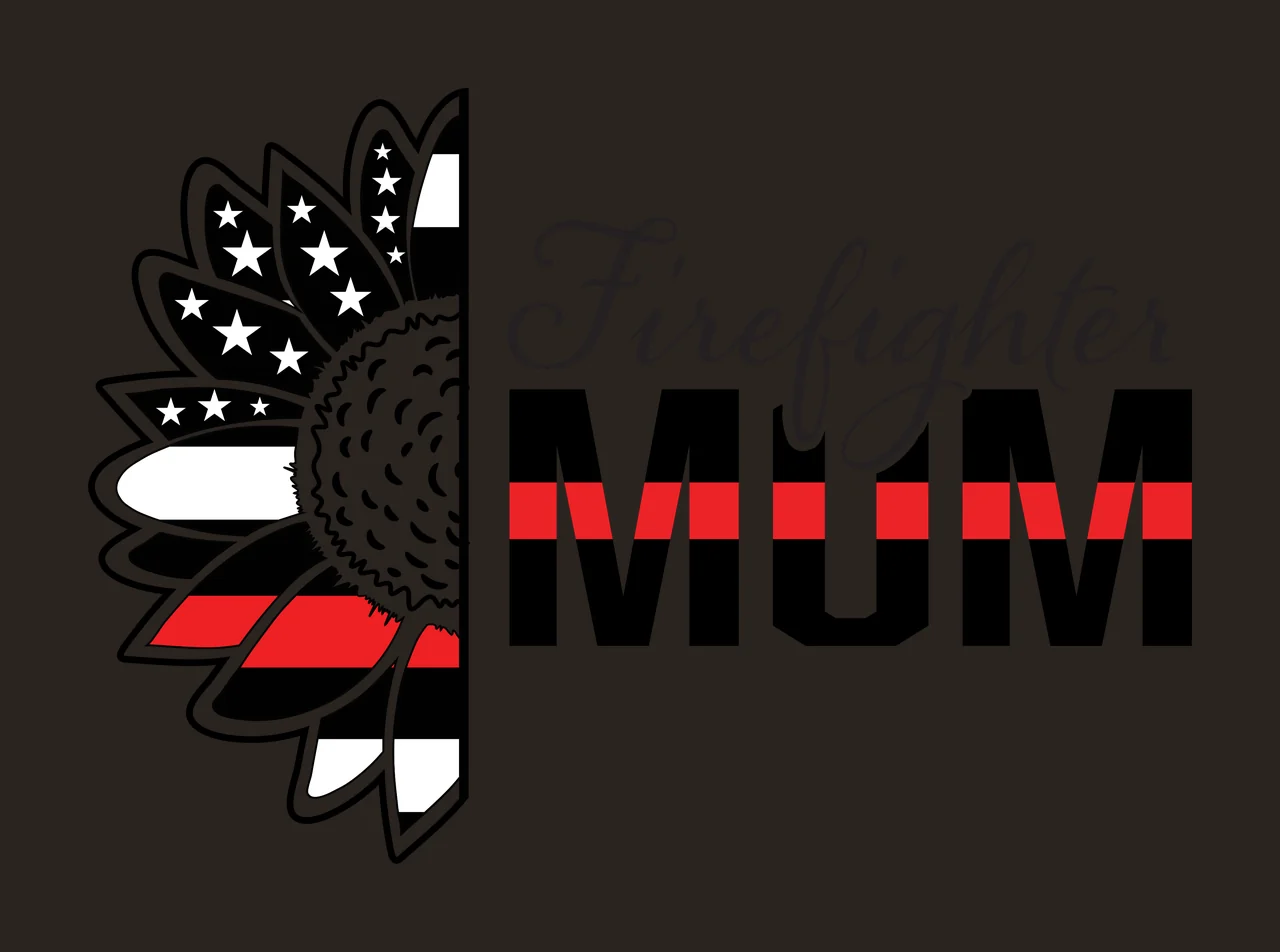 Firefighter MUM Typography Design with half sunflower, stars and stripes pattern, thin red line and cursive lettering in black and white contrast preview thumbnail