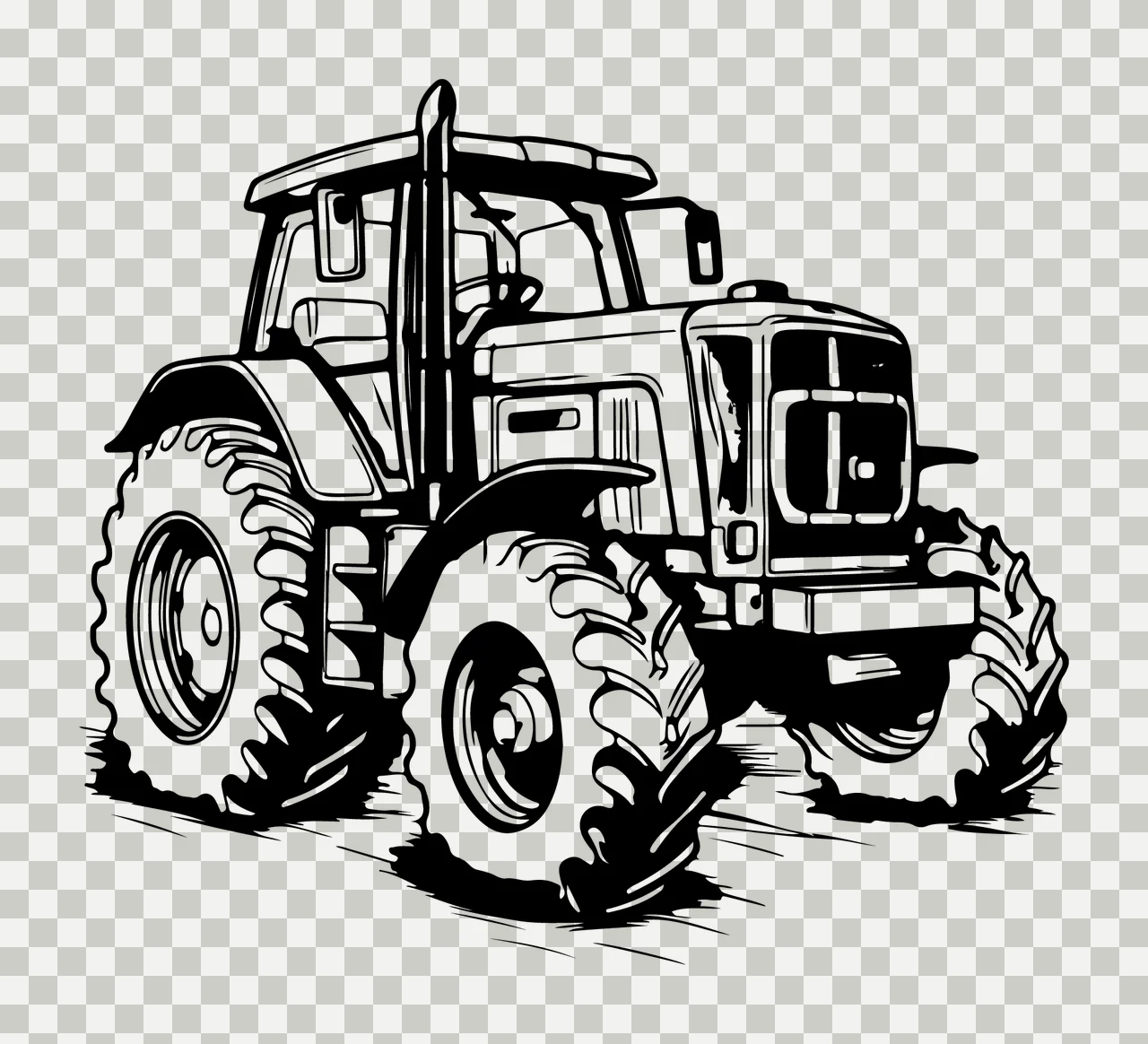 Farm Tractor Illustration Side View tires cab engine silhouette transparency and detail preview thumbnail