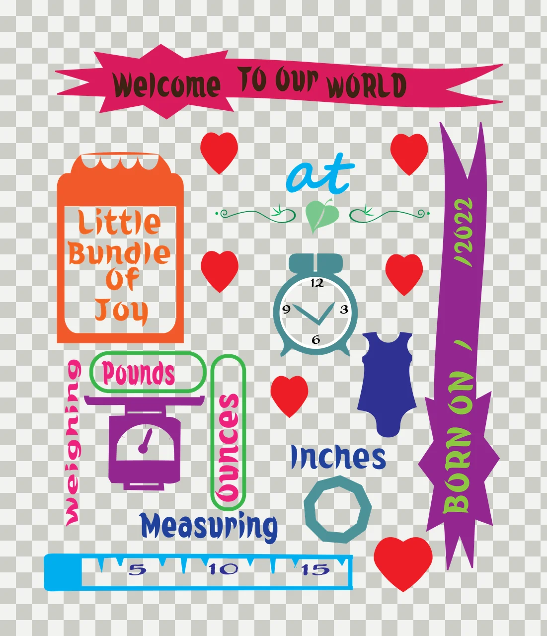 Baby Birth Statistics measured clock scale ruler heart clothes transparency and detail preview thumbnail