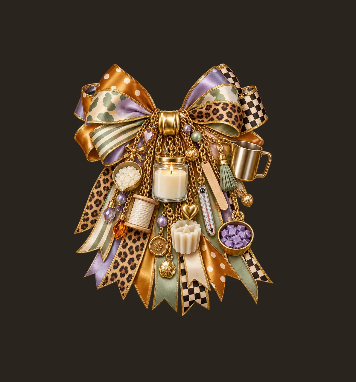 Candle Maker Bow Charm PNG, Themed Gold Chain Charms, Coquette Ribbon Sublimation Design, Transparent Digital Download contrast preview thumbnail