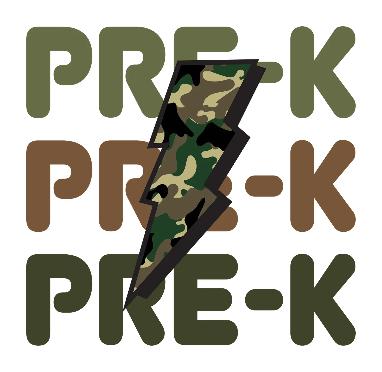 PRE-K PRE-K PRE-K Typography Design with PRE-K text, lightning bolt, camouflage pattern and stacked lettering in olive green, brown and dark green