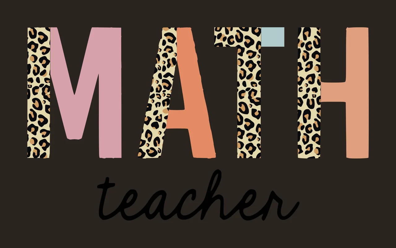 MATH teacher Typography Design with block letters, leopard print pattern, cursive script text and split letter design in black, tan and pink contrast preview thumbnail
