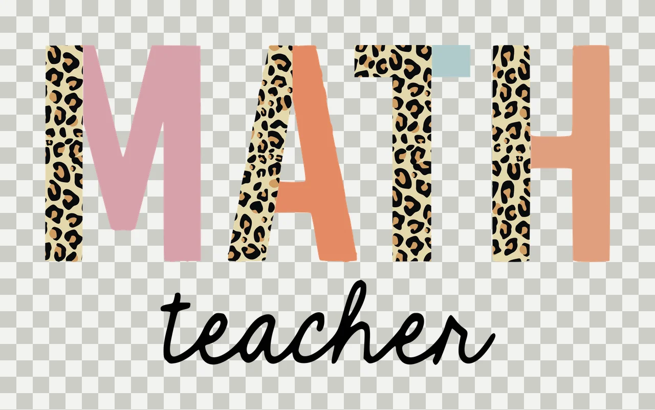 MATH teacher Typography Design with block letters, leopard print pattern, cursive script text and split letter design in black, tan and pink transparency and detail preview thumbnail
