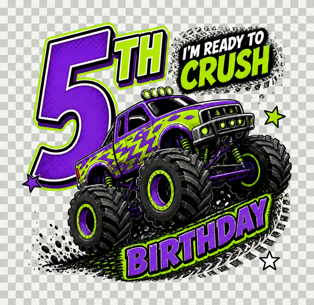 1 Monster Truck Birthday PNG, I'm Ready to Crush 5th Birthday Sublimation Design, Purple Green Truck Boy Shirt Clipart Download PNG File transparency and detail preview thumbnail