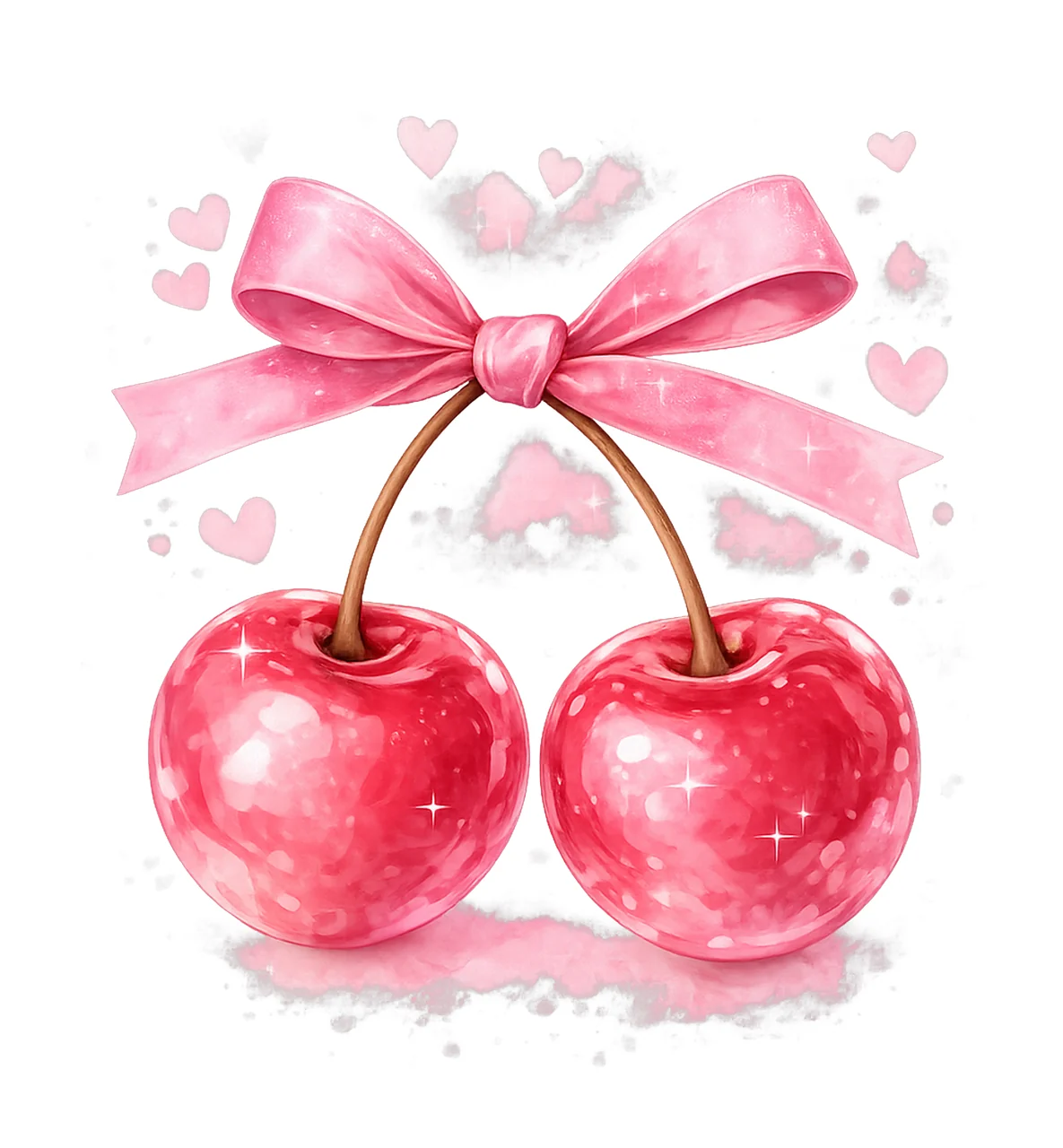 Watercolor Cherry Pink Bow Artwork Cute Fruit Design Cherry