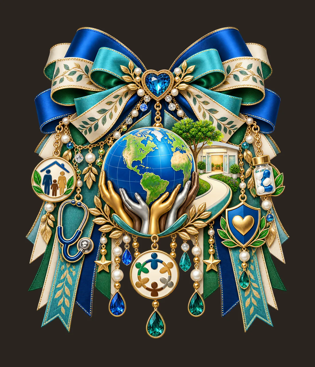 Universal Health Coverage PNG, Globe and Caring Hands Coquette Bow, No Text Sublimation Clipart, Transparent Digital Download contrast preview thumbnail
