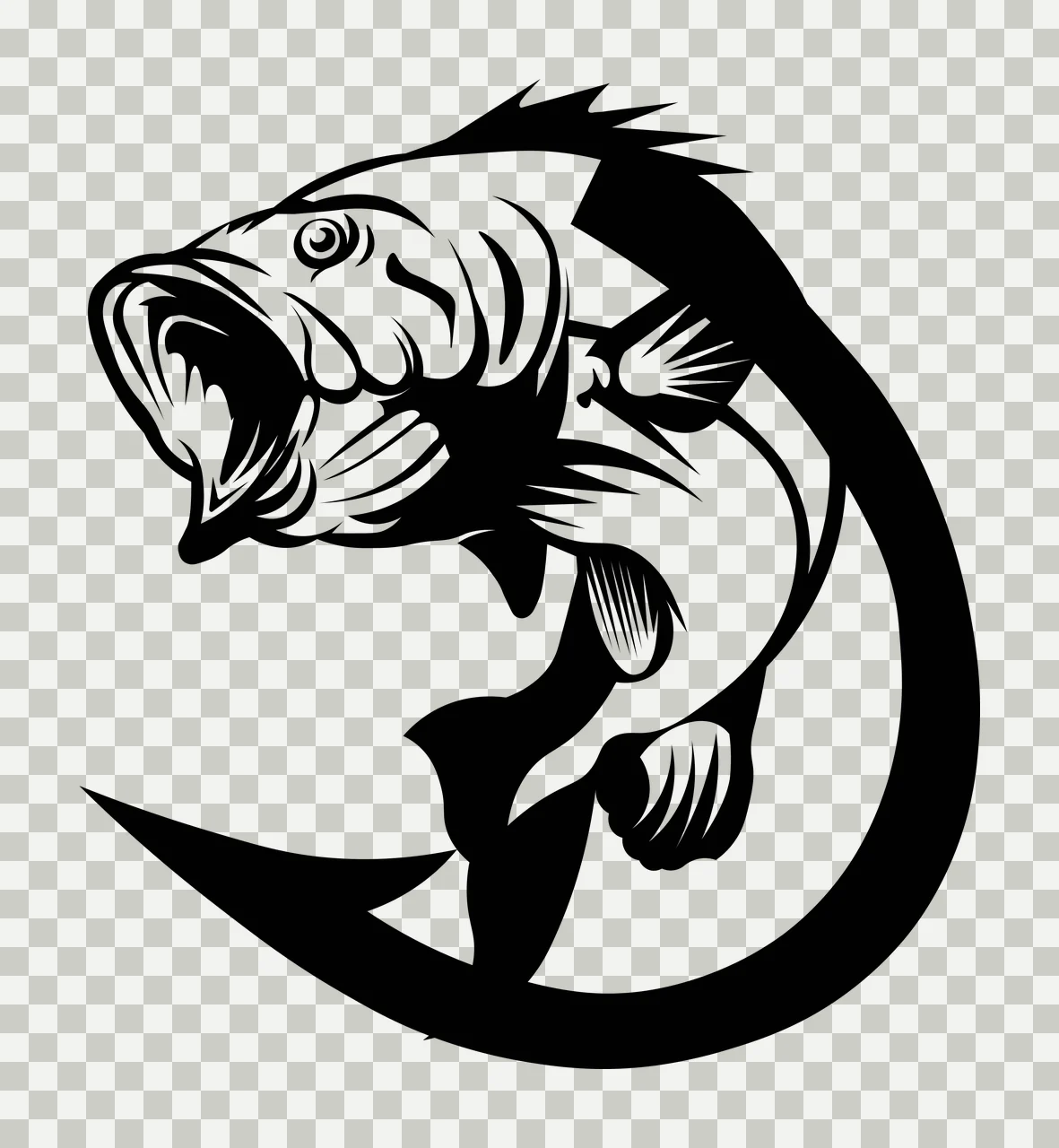 Fishing Fish Hooked On A Line jumping hook black white plain transparency and detail preview thumbnail