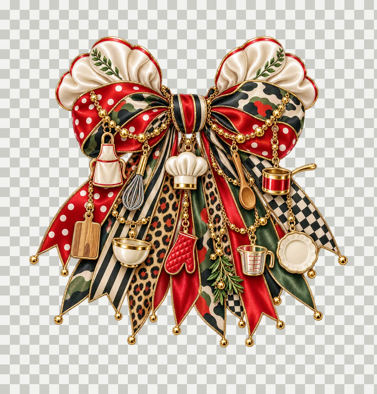 Chef Bow Charm PNG, Themed Gold Chain Charms, Coquette Ribbon Sublimation Design, Transparent Digital Download transparency and detail preview thumbnail