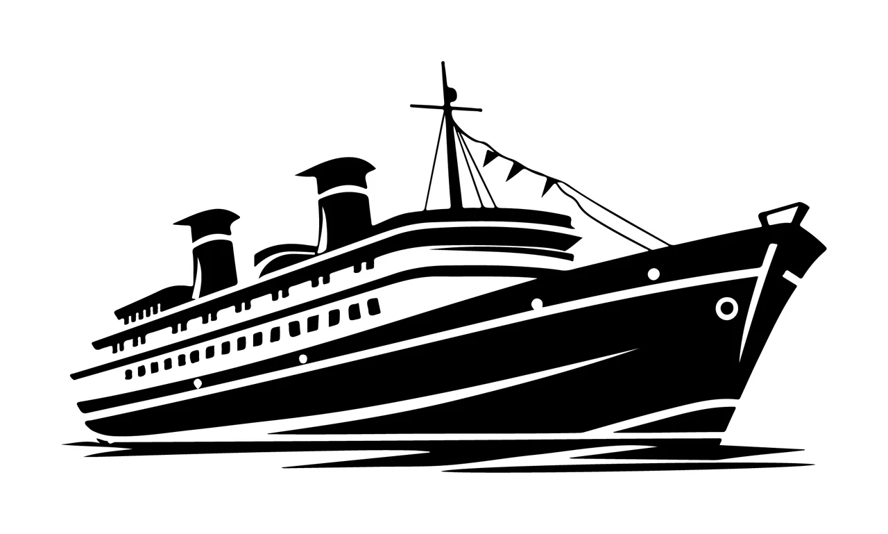 Cruise Ship Black Silhouette Profile smokestacks pennants water