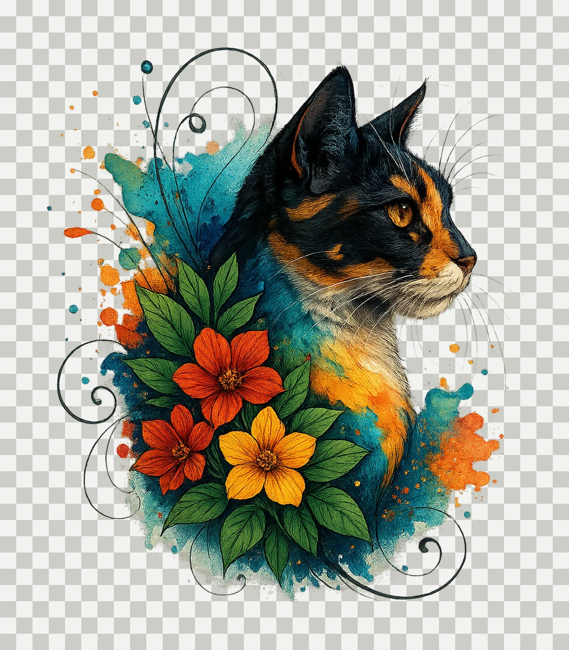 Abstract Floral Cat Whimsical Watercolor Cats High Res transparency and detail preview thumbnail