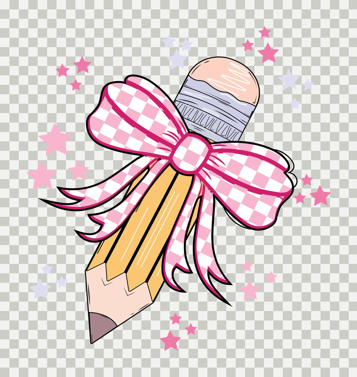 Pencil Silhouette With Bow And Stars black white stationery transparency and detail preview thumbnail