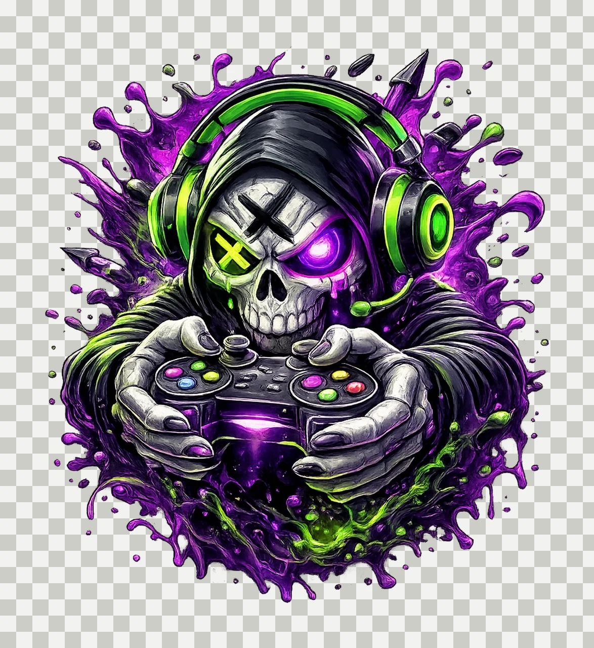 Rage Mode Skull Gamer Neon Purple Green Artwork Sublimation transparency and detail preview thumbnail