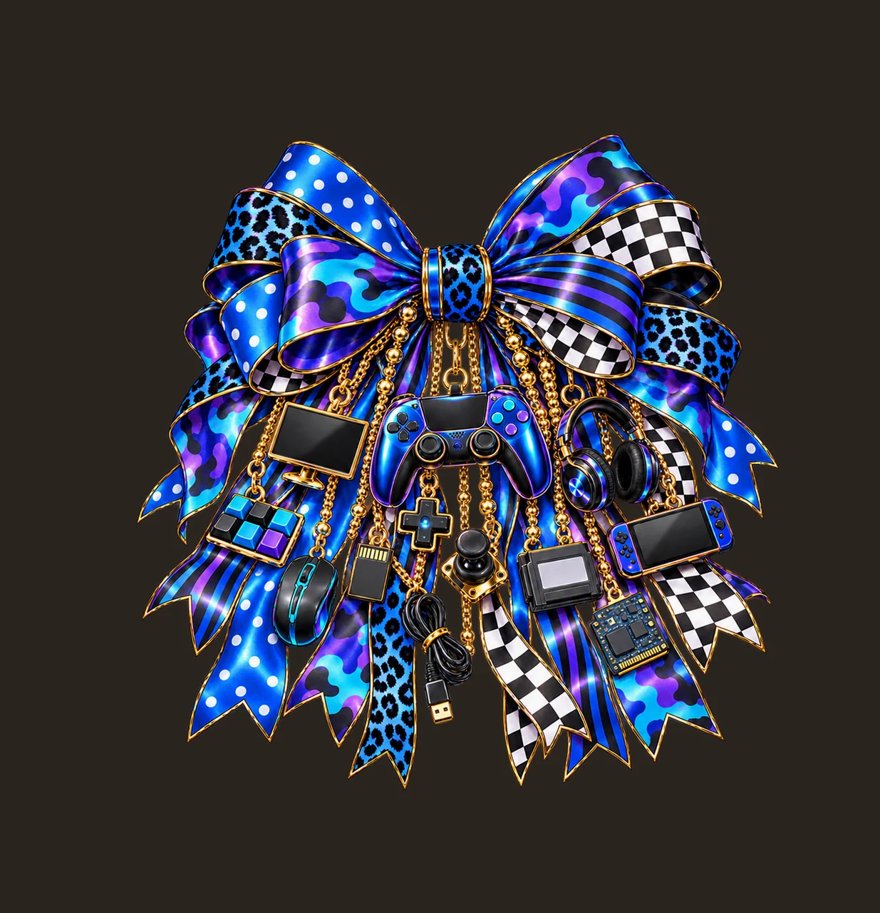 Gamer Modern Gamepad Bow Charm PNG, Gold Chain Charms, Transparent Sublimation Design, Digital Download contrast preview thumbnail