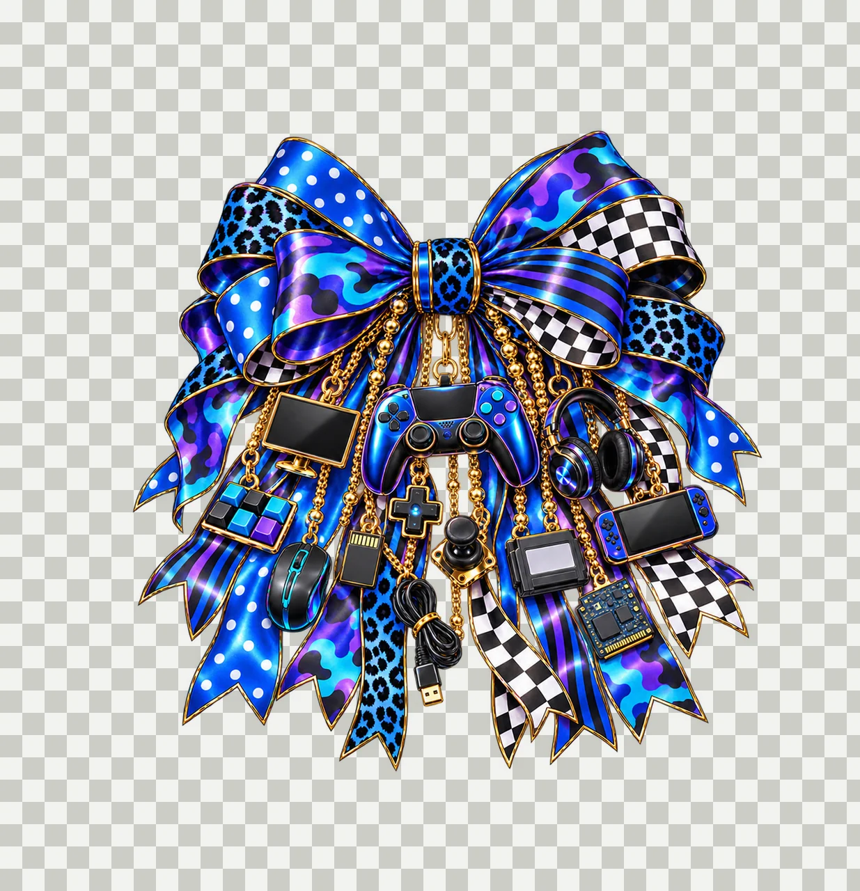 Gamer Modern Gamepad Bow Charm PNG, Gold Chain Charms, Transparent Sublimation Design, Digital Download transparency and detail preview thumbnail