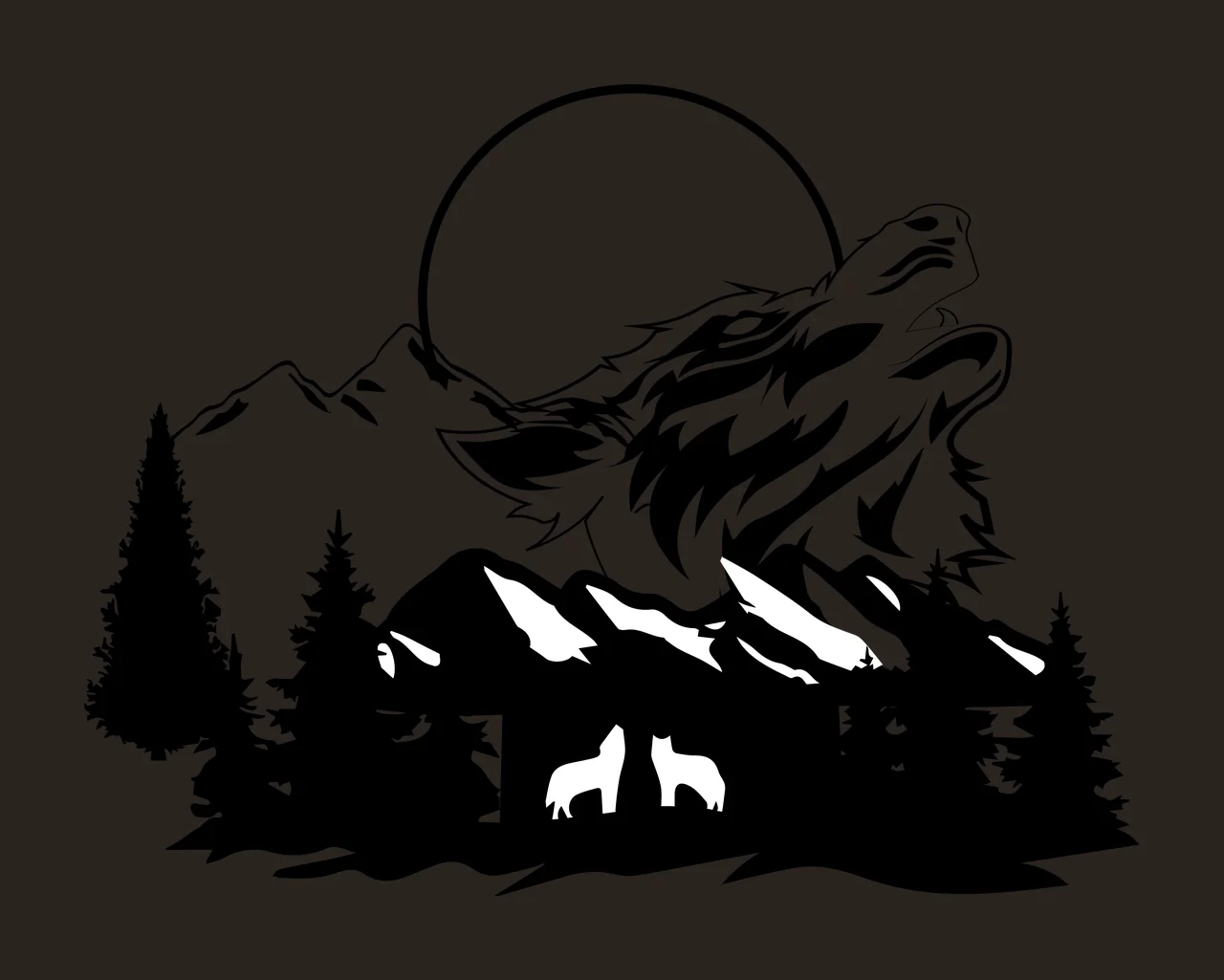 Silhouette Design of howling wolf head with mountains, circular moon, pine trees and wolf silhouettes in black and white contrast preview thumbnail
