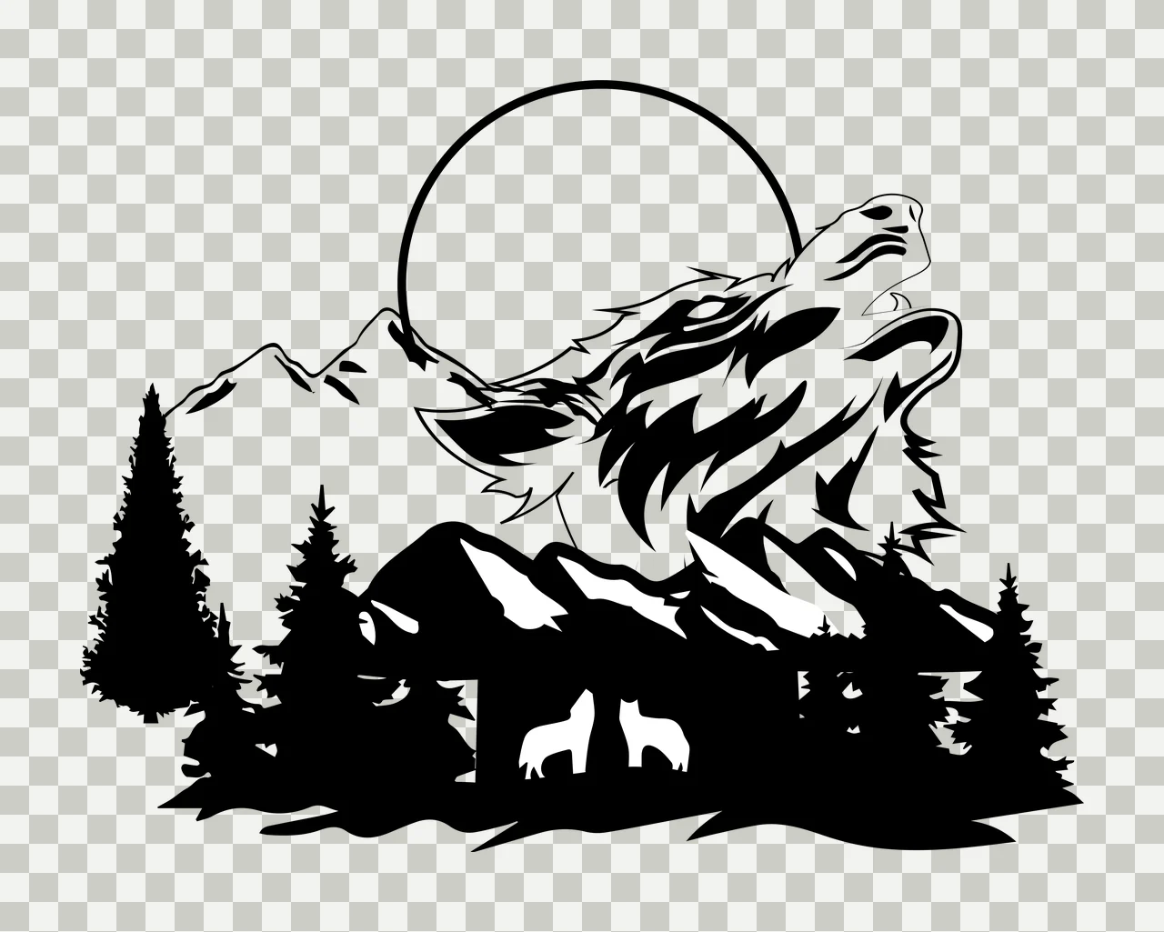 Silhouette Design of howling wolf head with mountains, circular moon, pine trees and wolf silhouettes in black and white transparency and detail preview thumbnail