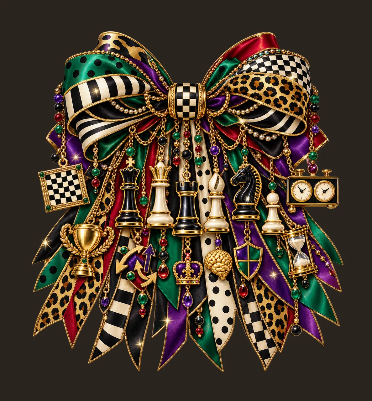 Chess Lover Bow Charm PNG, King Queen Knight Board and Chess Clock Charms, Strategy Game Sublimation Design, Transparent Download contrast preview thumbnail