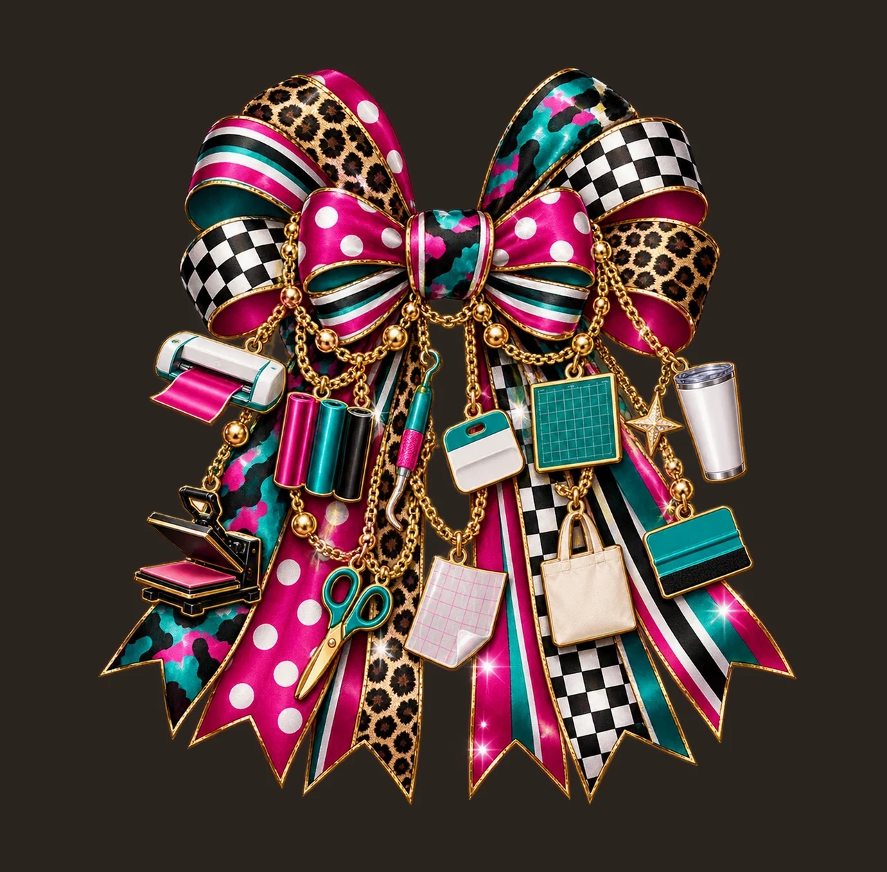 Vinyl Crafting Maker Bow Charm PNG, Themed Gold Chain Charms, Coquette Ribbon Sublimation Design, Transparent Digital Download contrast preview thumbnail