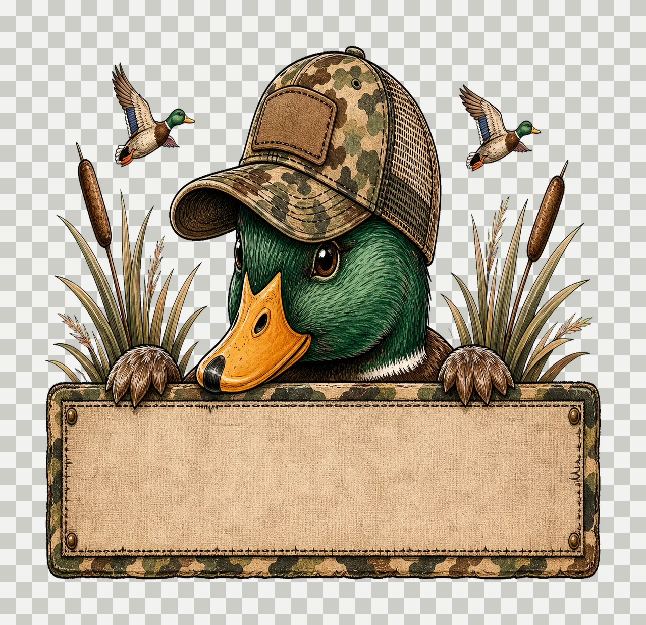Mallard Duck wearing camo hat with name patch Variation A transparency and detail preview thumbnail
