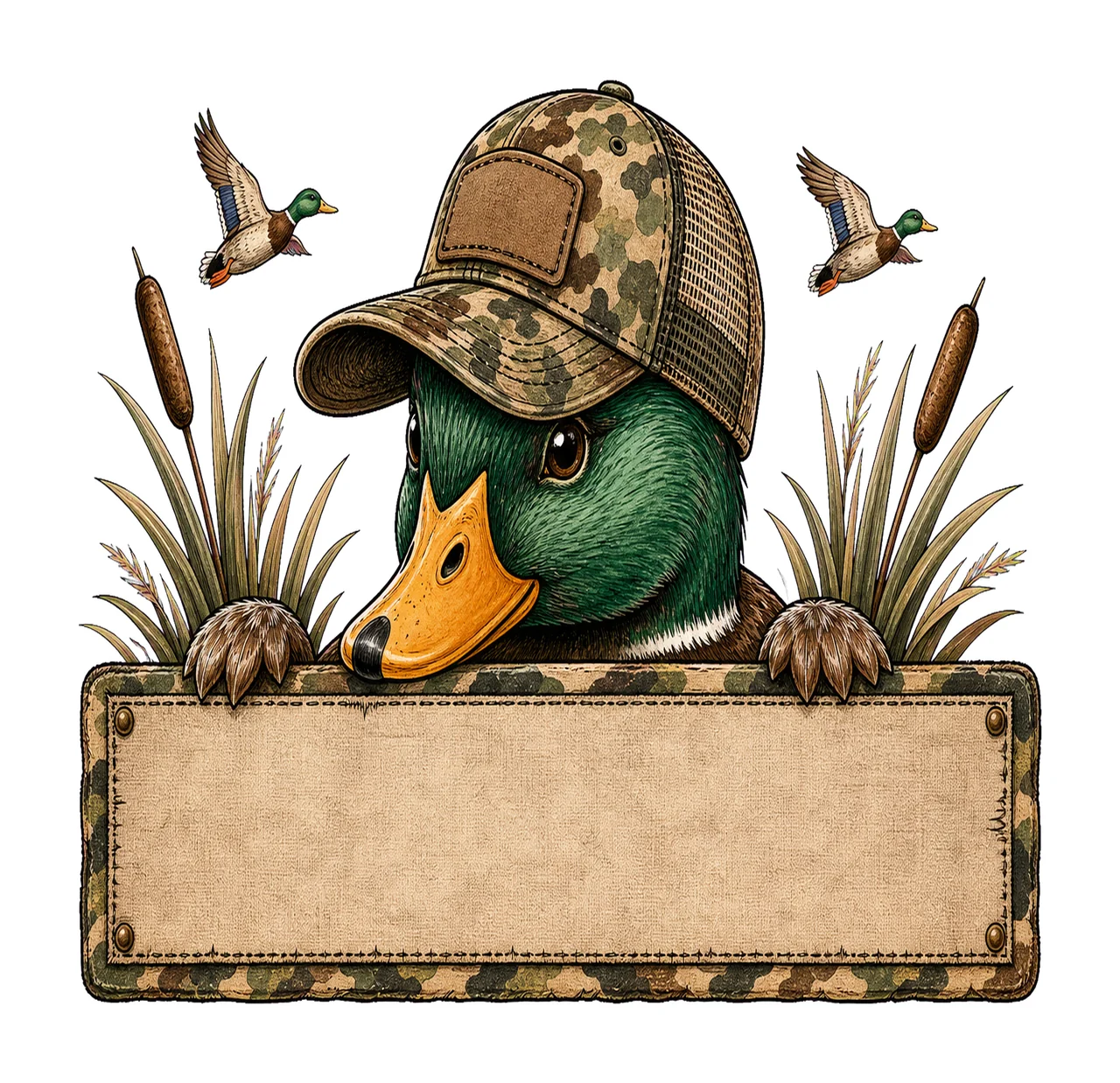 Mallard Duck wearing camo hat with name patch Variation A