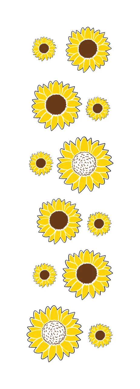 Sunflower heads Illustration with yellow petals, brown seed centers, black outlines and flower blossoms in white