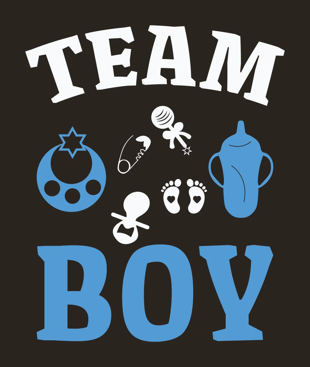 TEAM BOY Typography Design with baby bottle, teether rattle, pacifier icon and baby footprint icons in light blue and white contrast preview thumbnail
