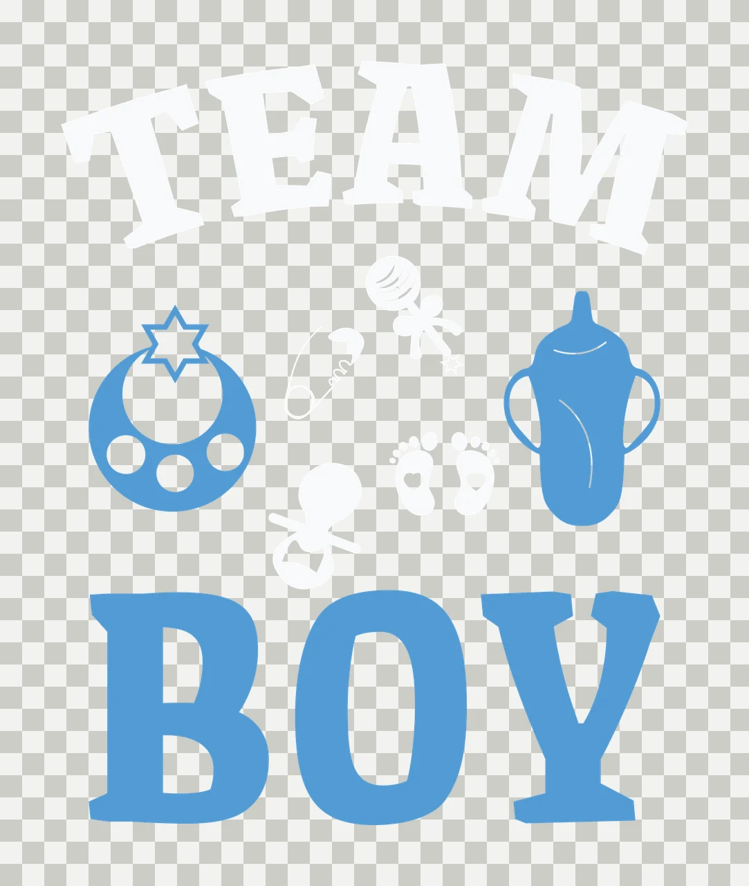 TEAM BOY Typography Design with baby bottle, teether rattle, pacifier icon and baby footprint icons in light blue and white transparency and detail preview thumbnail