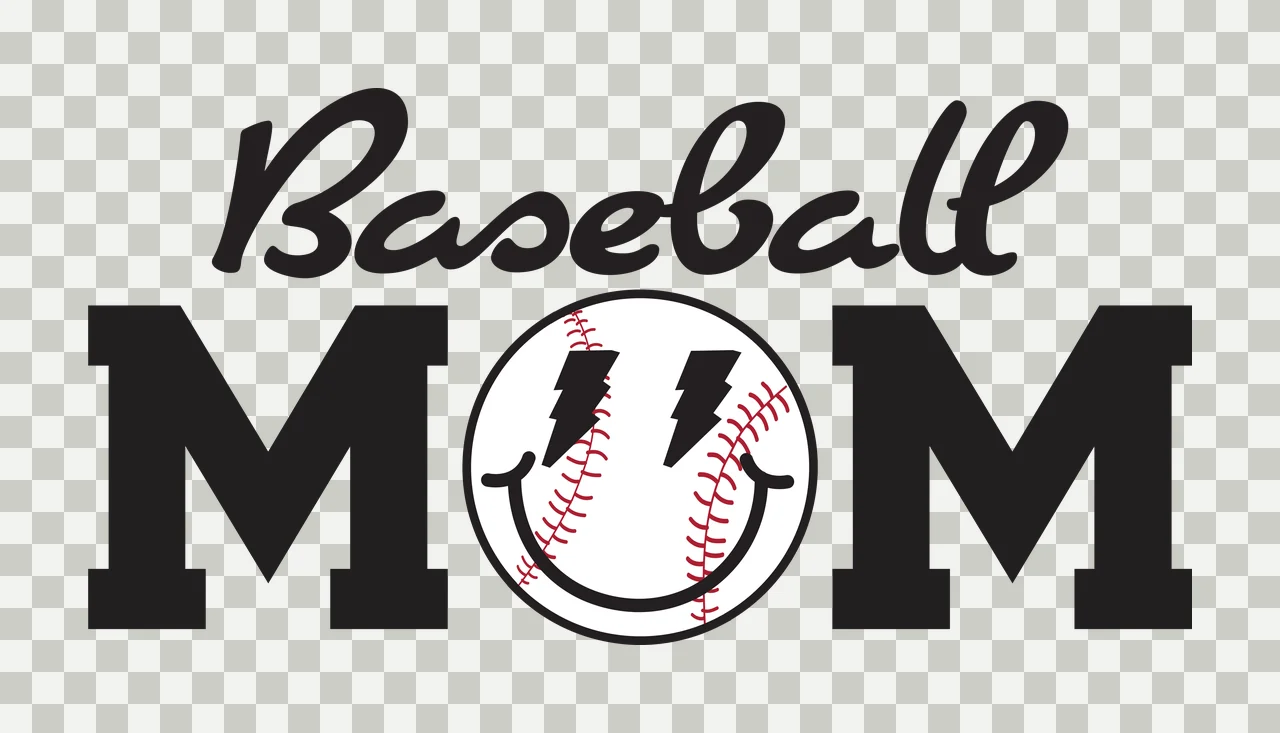 Baseball MOM Baseball MOM logo design with Baseball text in cursive, MOM in bold block letters, Smiley face inside a baseball circle and Red stitching on baseball in black and white transparency and detail preview thumbnail