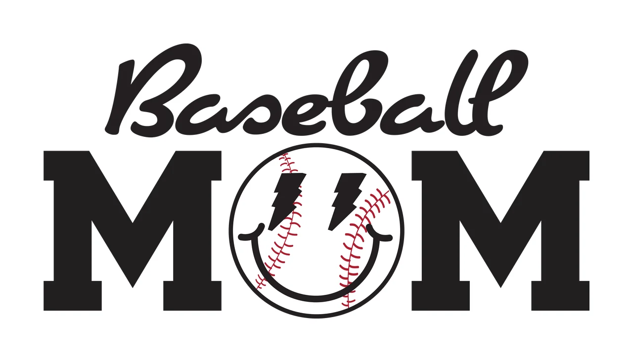 Baseball MOM Baseball MOM logo design with Baseball text in cursive, MOM in bold block letters, Smiley face inside a baseball circle and Red stitching on baseball in black and white