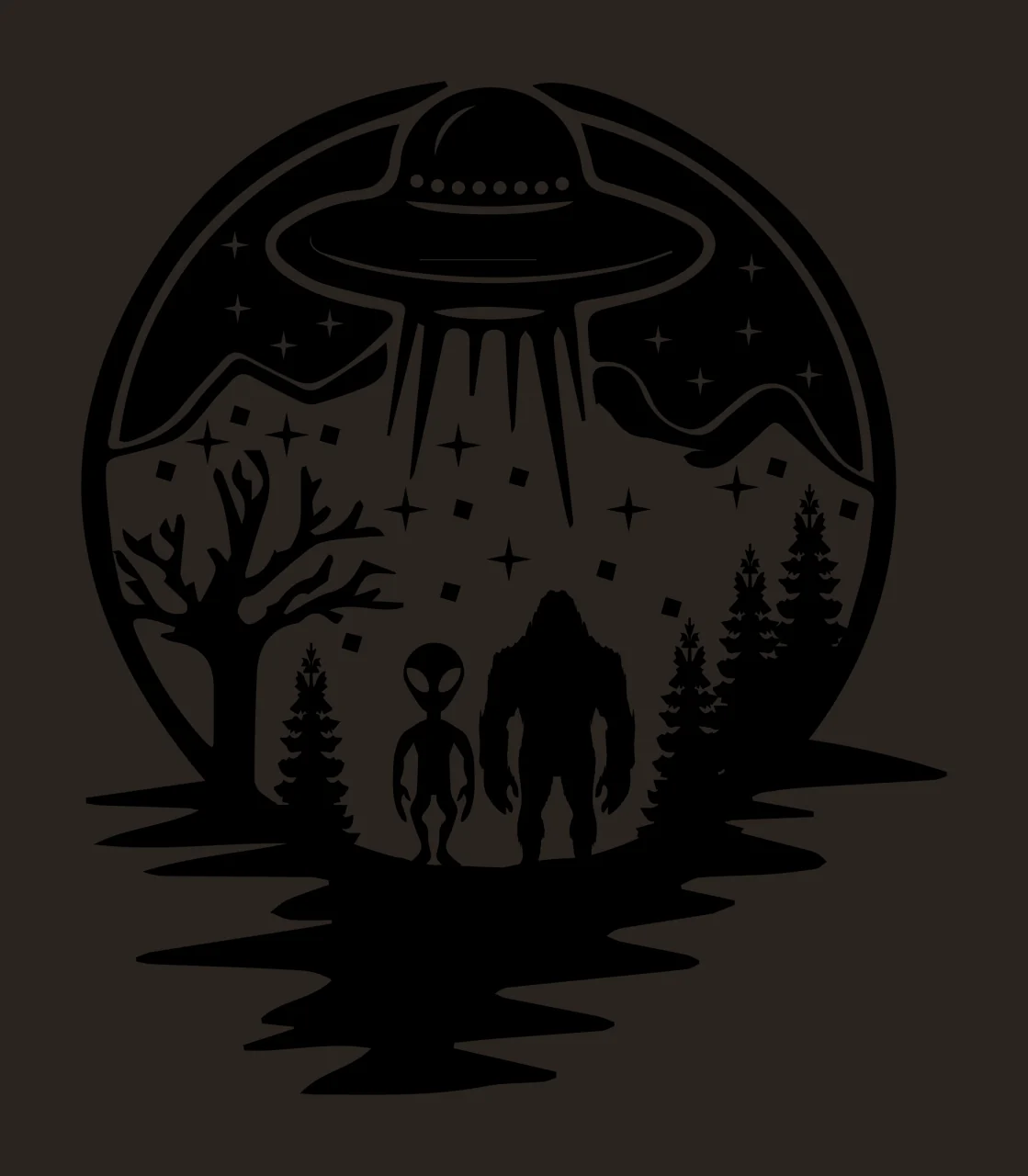 Alien And Monster Under Ufo Silhouette hovering trees stars contrast preview thumbnail